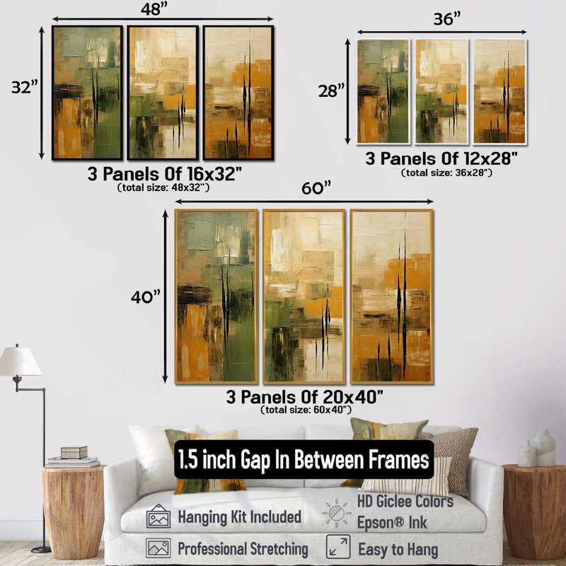 «Green Beige Wild Essence Collage I», art mural tachisme, H 32 po x l 48 po x P 1 po, Cadre flottant érable