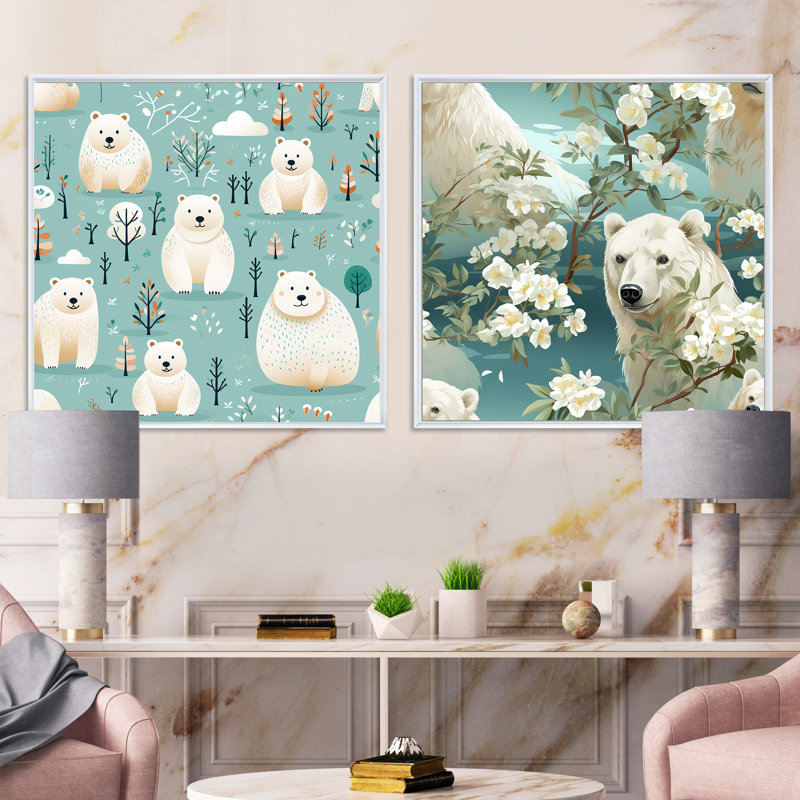 Essence d'ours polaire arctique - Ensemble de 2 animaux carrés, Cadre flottant blanc, H 36 po x l 73 po