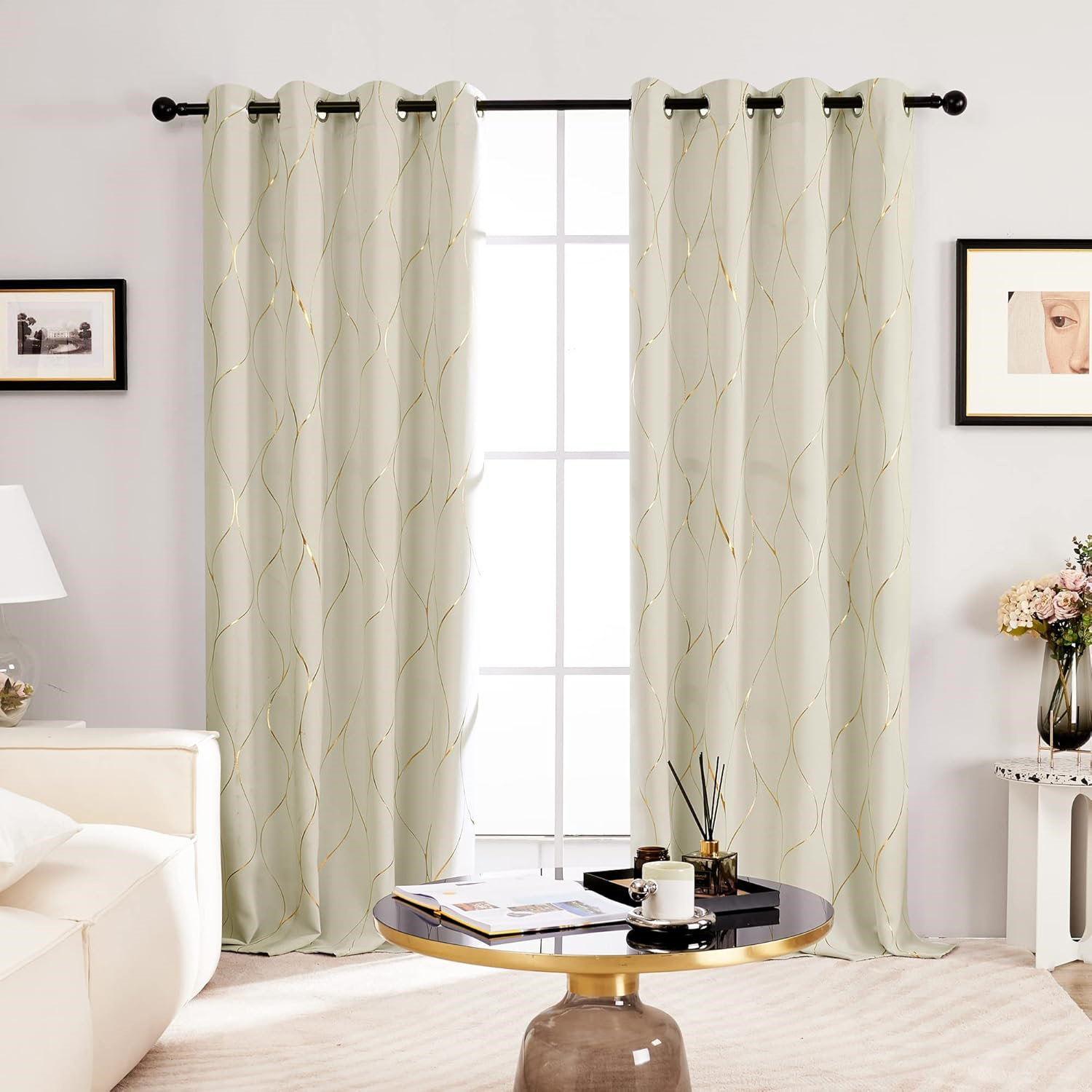 Everly Quinn Gold Wave Print Blackout Curtains For Bedroom, Thermal ...