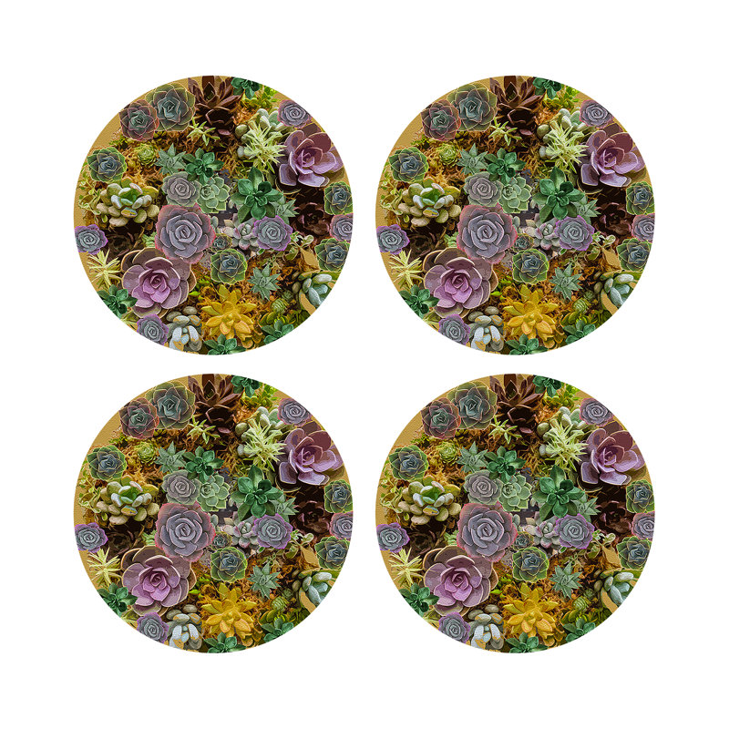 Succulents Evergreen Vegan Leather Round Coasters, Gold
