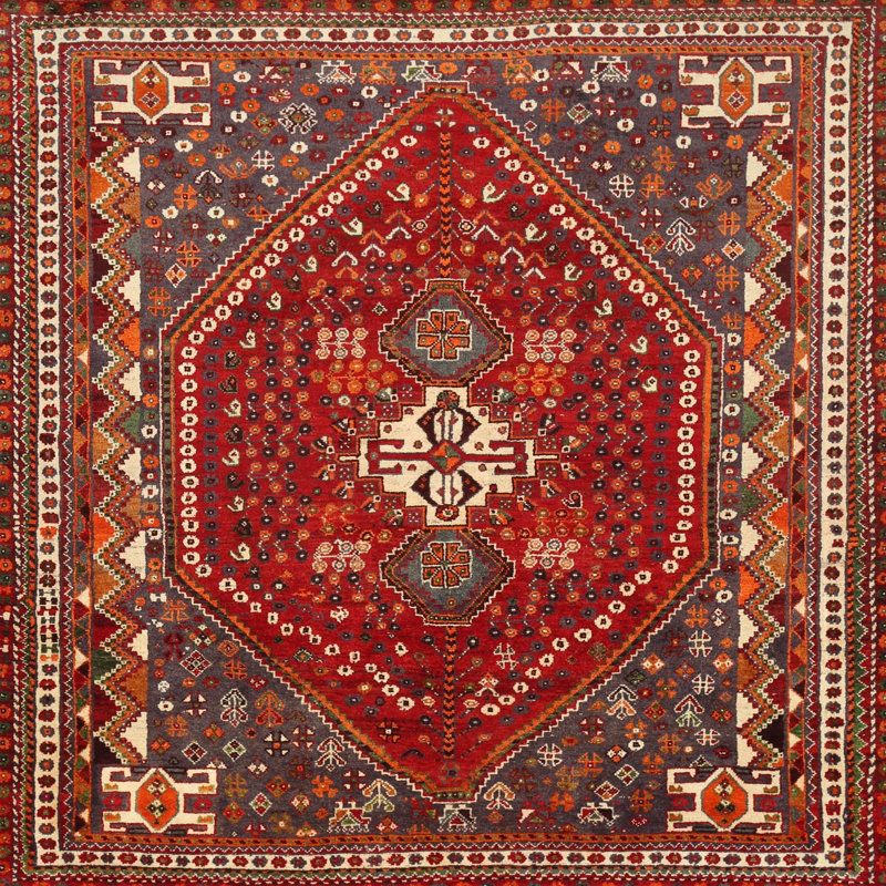 Tapis traditionnel rouge / beige / noir, Rond 7 pi