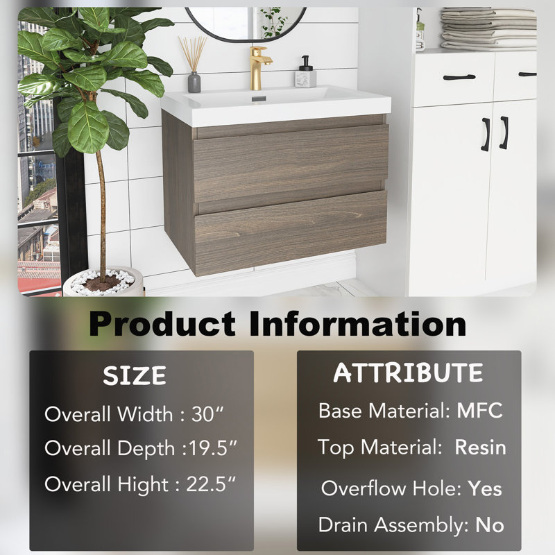Larnaca 30'' Single Sink Wall Mounted Bathroom Vanity with Resin Top, Ash Grey