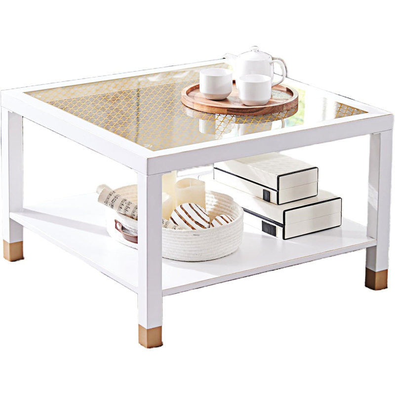 Table basse avec plateau en verre, Blanc et or