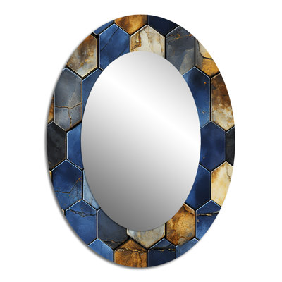 Grey And Blue Hexagone Symmetry - Blue Modern Oval Wall Mirror