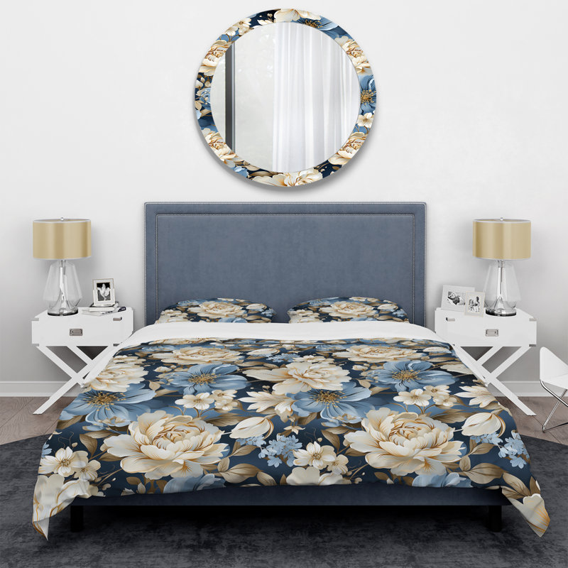 Ensemble de housse de couette à motif floral bleu rétro Finesse, Housse de couette simple + 1 taie décorative stan