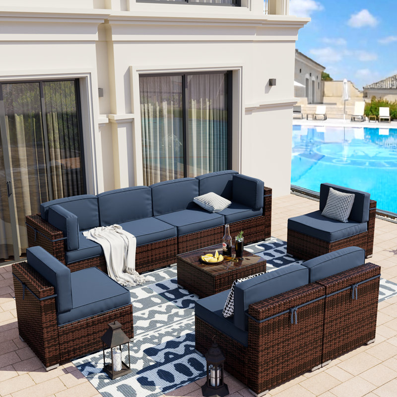 Keolani Wicker 8 - Person Modular Patio Conversation Set with Cushions, Navy Blue