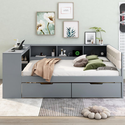 Full Size Platform Bed with Storage Shelves, Drawers, USB Charging Station & Upholstered Headboard, Gray
