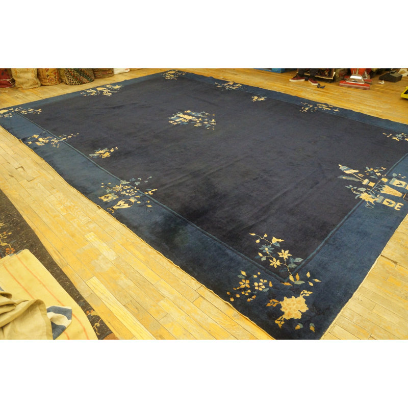 Antique Peking Chinese Allover Floral Blue Navy 1920s Rug