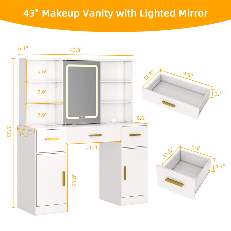 Vanity Desk With Sliding Mirror & Led Lights, 7 Open Storage Space, 3 Drawers & 2 Cabinets Large Makeup Vanity, Dressing Table With Charging Station, Hairdryer Holder, Bedroom Make Up Table