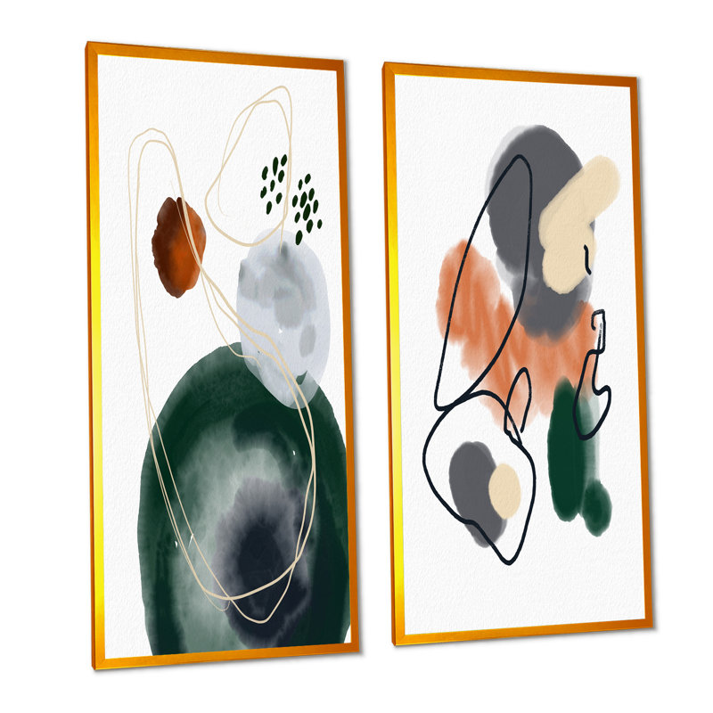 «Dark Green and Orange Abstract Composition», ensemble de 2 peintures sur toiles, H 32 po x l 32 po x P 1 po