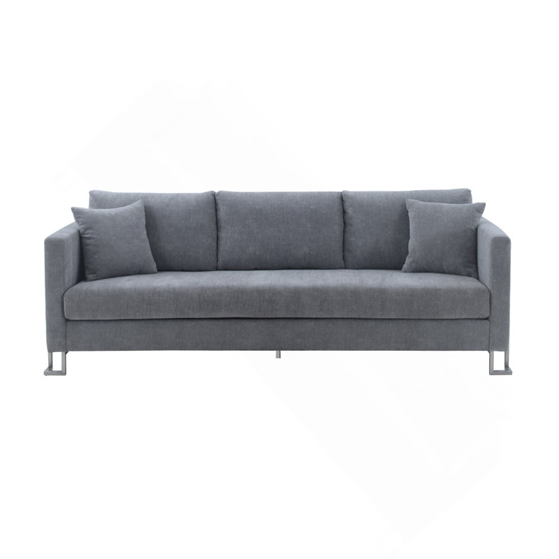 Canapé rembourré en tissu gris avec pieds en acier inoxydable brossé