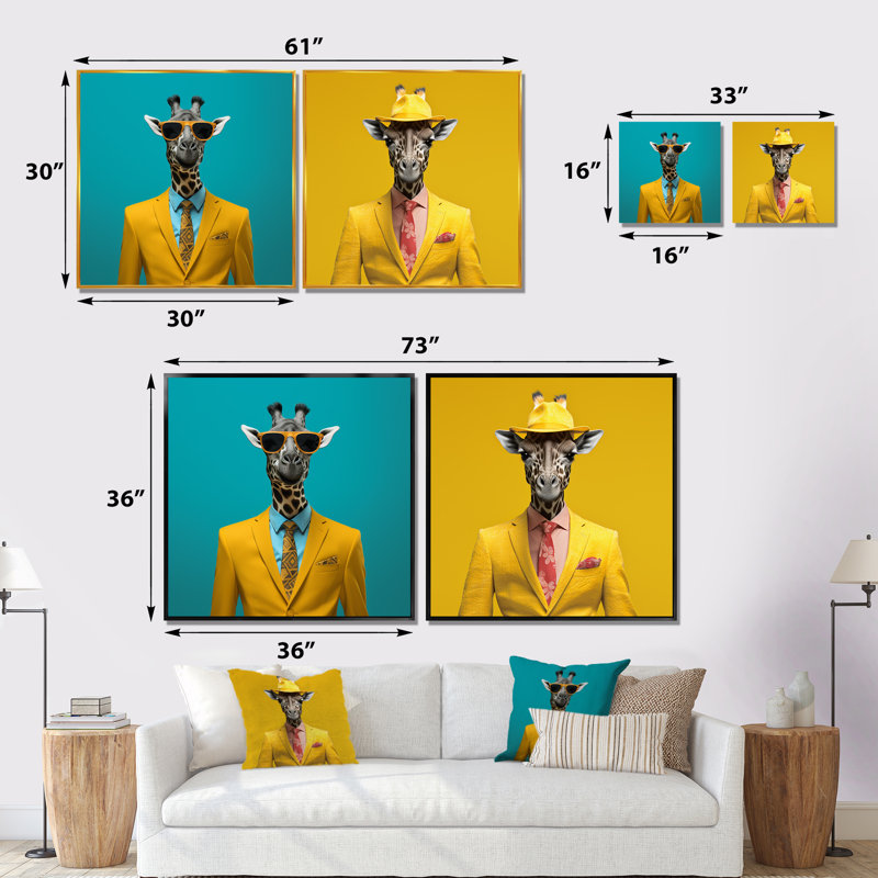 Ensemble de 2 reproductions d'art girafe jaunes, Cadre flottant blanc, H 36 po x l 73 po x P 1,5 po