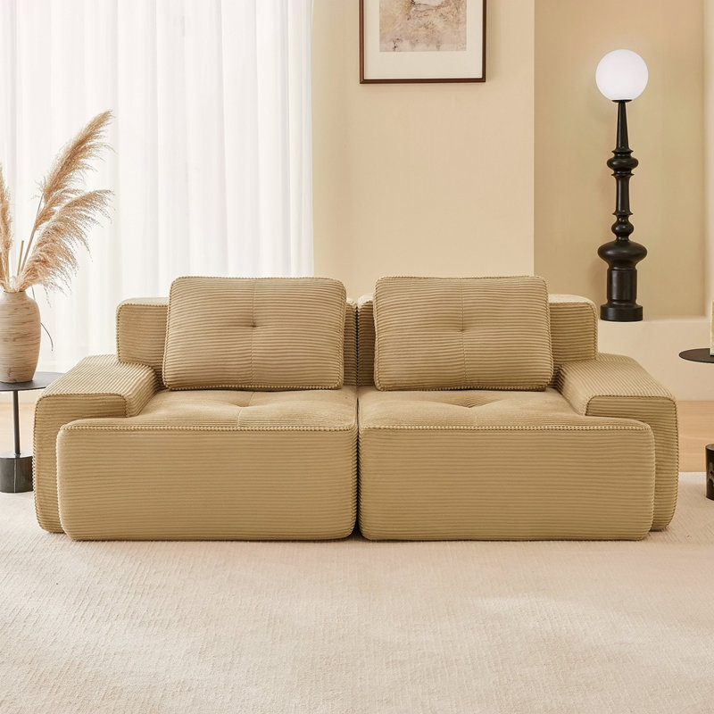 Canapé modulaire en L de 82 po pour salon modulaire en tissu velours côtelé de 82 po avec assise profonde, passepoil perlé, conception capitonnée, sans assemblage, conception antidérapante, brun clair