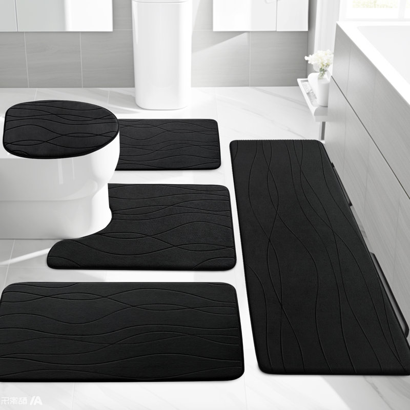 5 Piece Plush Memory Foam Bath Rug Set with Non-Slip Backing and High Absorbency, Black