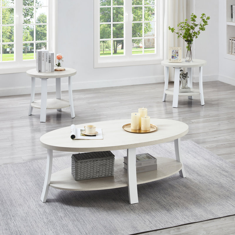 Élégante table basse ovale à 3 tablettes en bois blanche - pour les espaces de vie