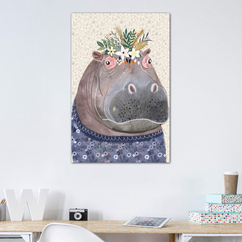 «Hippo» par Mia Charro - impression d'art graphique, Toile tendue, H 48 po x l 32 po x P 1,5 po