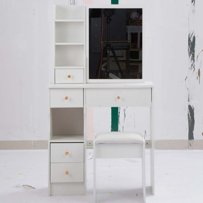 Tabouret de table de meuble-lavabo 29,2 po avec petit tiroir à gauche, très grand miroir coulissant à droite, rangement multi-couches à grande capacité, commode pratique
