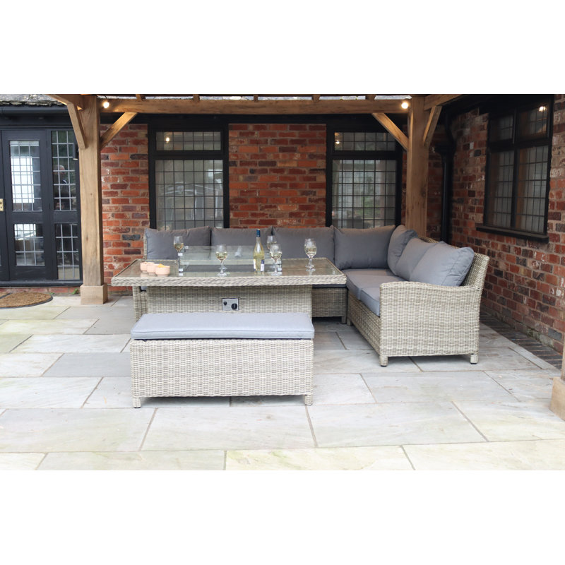 WENTWORTH 7pc Deluxe Modular Corner Dining / Lounging Set 2pc LH & RH sofa, 1pc Corner Seat, 1pc Middle Chairs, 1pc Fire Pit Table & 1 Bench including Cushions