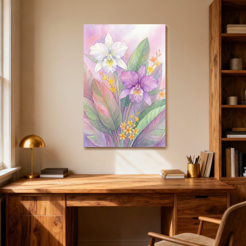 Plantes et fleurs, aquarelle, orchidée et feuilles, H 36 po x l 24 po