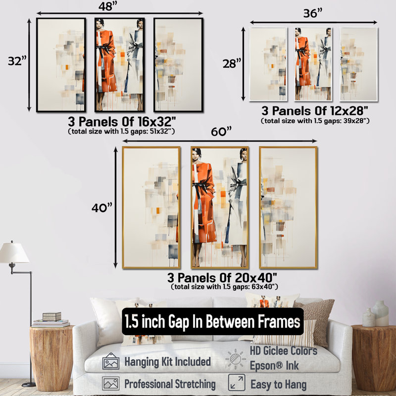 Orange chic, filles élégantes - art mural tendance, Cadre flottant noir, H 32 po x l 48 po
