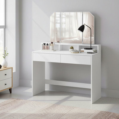 VASAGLE Vanity Desk, Vanity Table With Tri-Fold Mirror, Makeup Vanity, 2 Drawers And 3 Open Compartments, Dressing Table, Modern Style