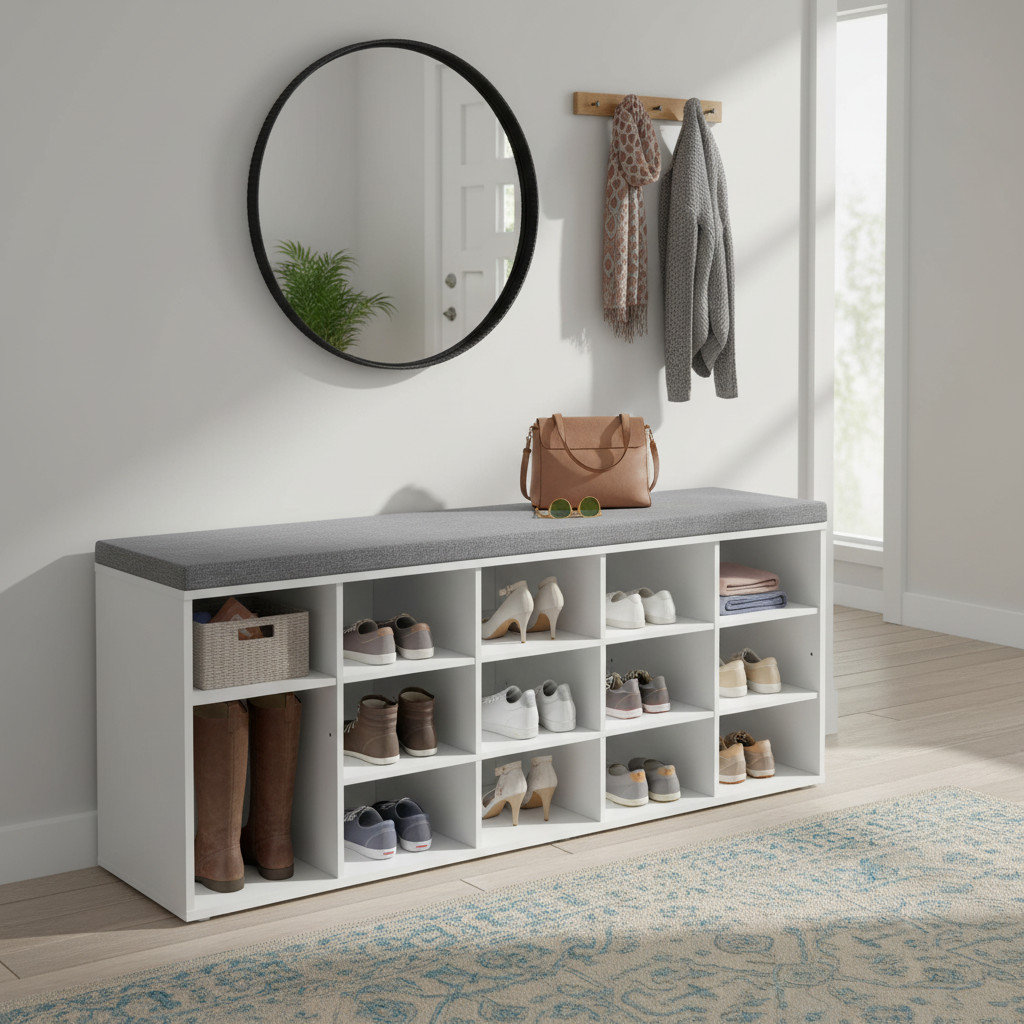 Hokku Designs 15-Cubby Shoe Rack, Shoe Storage Bench with Cushion ...