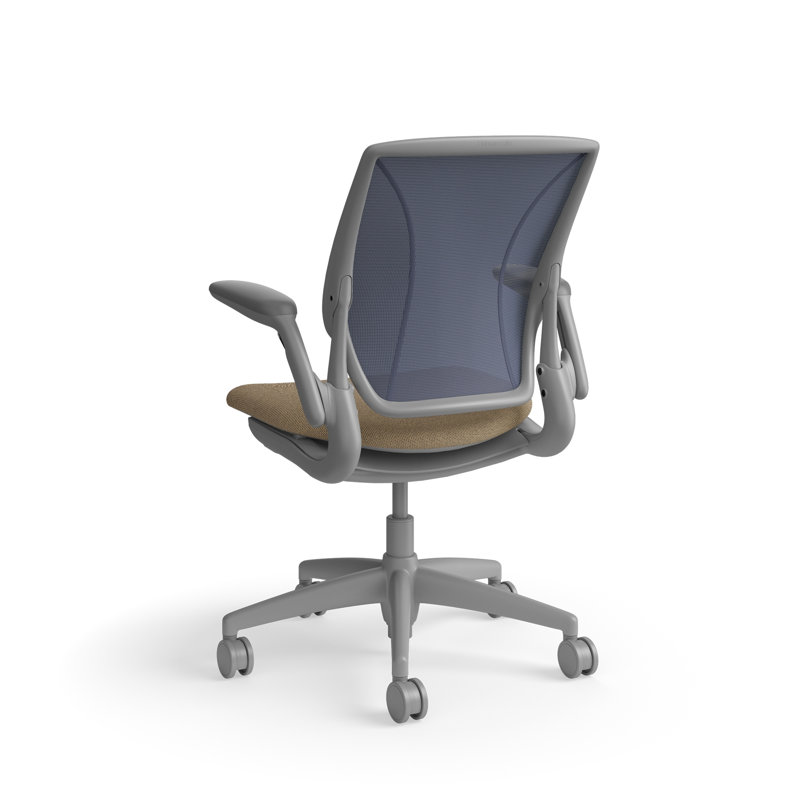 World LM, Ergonomic Task Chair with Poppy Seed Backrest, and  Autumn Upholstered Seat, Gray, Beige Brown Fabric, Blue Mesh