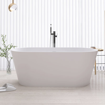 63-Inch Oval Freestanding Solid Surface Soaking Bathtub With Drain