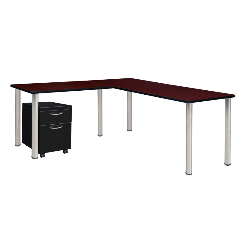 Bureau en coin en K avec plateau à piédestal et tiroir Kee, Acajou / Chrome, H 29 po x l 66 po x P 66 po