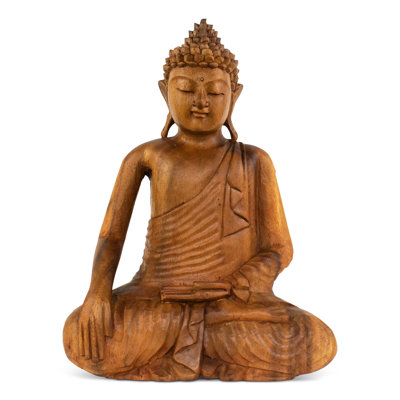 Wood Buddha Statue  Hand Carved Earth Touching Mudra Sculpture, Natural Zen Decor