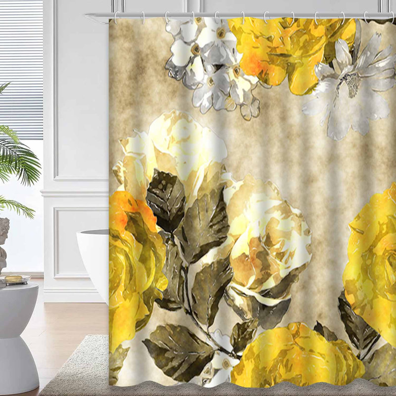 Art monochrome aquarelle rétro floral jaune or blanc avec 12 crochets, L 72 po x l 84 po