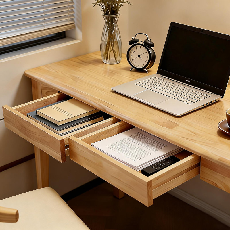 Bureau en bois massif avec tiroirs, Naturel