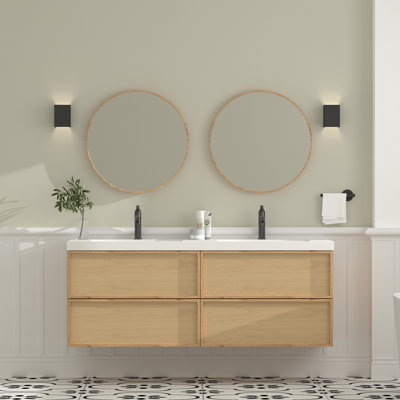 Mira 60" Wall Mounted Floating Double Bathroom Vanity in Natural Oak with Integrated Resin Composite Double Sink Top