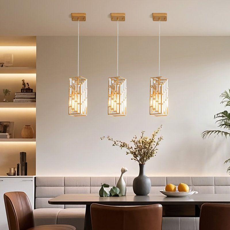 Furnary 3-Lighs Crystal Geometric Prism Pendant Lights, Adjustable Height, for Kitchen Island, Dining Room, Hallway, Gold