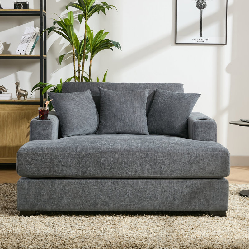 Très grand canapé-lit de style moderne de 55 po avec coussins, station de charge et porte-gobelets, tissu chenille, bleu gris (ancien SKU: BS701P191500B)