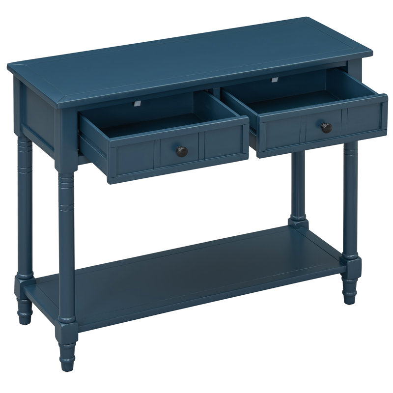 Console, bleu marine foncé, design rétro, deux tiroirs, tablette, bois de pin massif, console compacte pour études, teinte marine, aspect traditionnel avec tiroirs et bois de présentation, rangement spacieux, convient