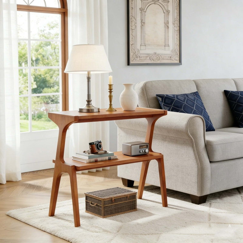 Solid Wood 2-Tier Sofa Side Table with Storage, Cherry