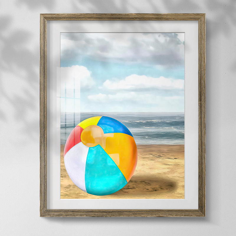 Beach Ball I, Blanc, Papier avec cadre noyer