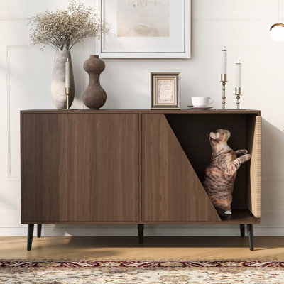 Furniture Style Wooden Cat House With Storage - Walnut Design, Efficient Cleaning Solution, Functional Scratchers & Door, Comfy Stylish, 53.02in.d, 21