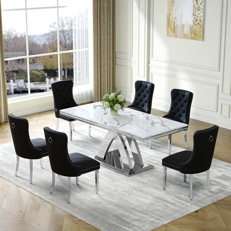 70" Rectangle Dining Set, Luxurious White Faux Marble Top, X-Shaped Stainless Steel Base, Velvet Upholstered Chairs with Tufted Nailhead Trim