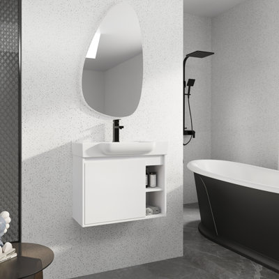 Meuble-lavabo mural 28 po avec lavabo en céramique blanche et porte à fermeture en douceur 28 po
