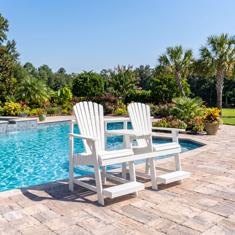Adirondack Balcony/Pub Double Seater with Built in Table and Footrests – Has 1-5/8” Umbrella Hole and  Elevated Seating for Deck, Porch & Balcony Railings. Solid Pressure Treated Wood