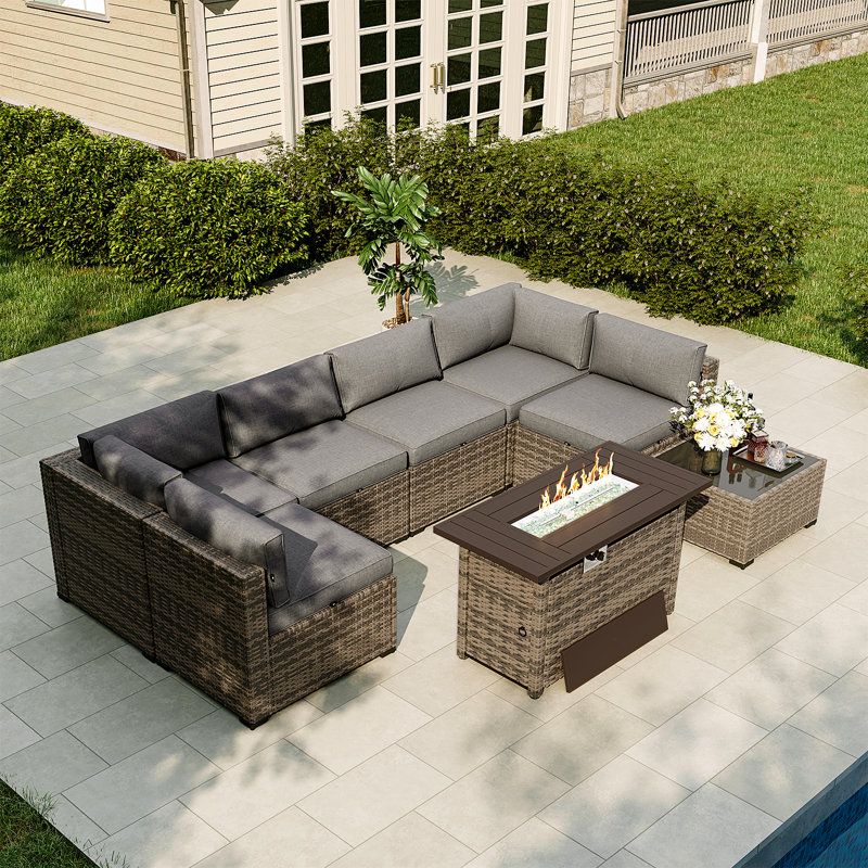 Ensemble de meubles de patio 8 pièces avec foyer au gaz propane, Gris, Jaune