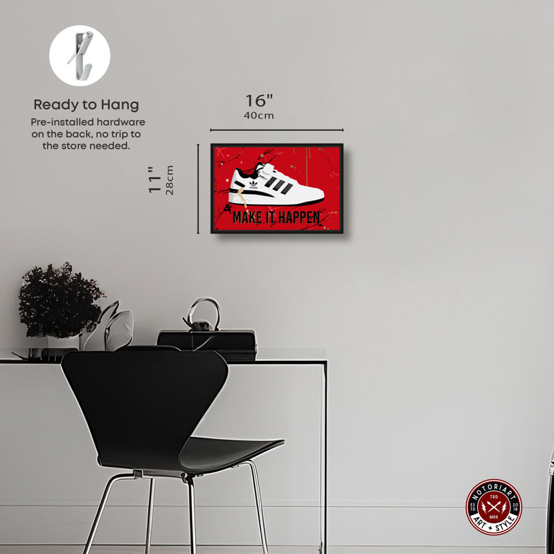 «Make It Happen Sneaker», art mural rouge de style urbain par Notoriart, Cadre noir, H 11 po x l 16 po