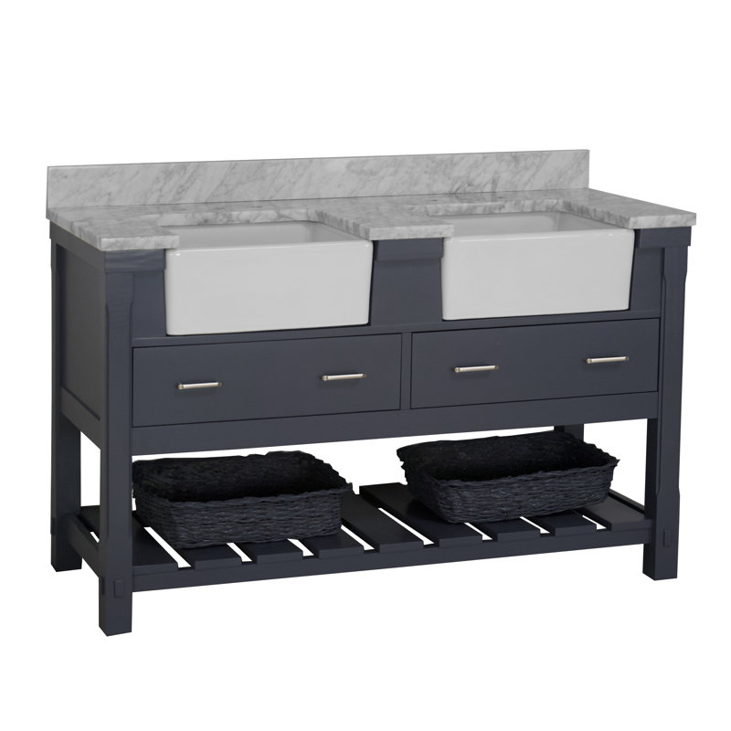 Hitton 60'' Double Bathroom Vanity with Top, Marine Gray, Engineered Carrara