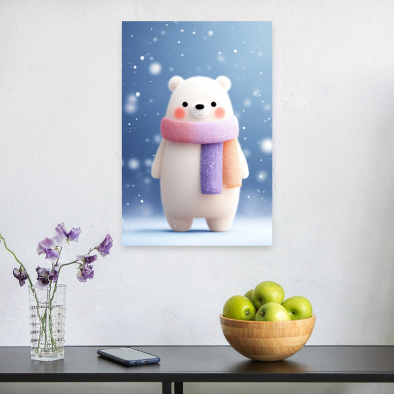 Cute Winter Polar Bear Abstract Contemporary Bear Winter Landscape Wall Art Print 1 Piece Wrapped Canvas Wall Art