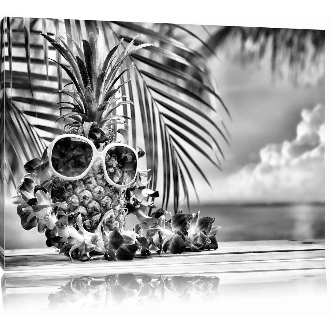 Leinwandbild Ananas Urlaubsfeeling mit Sonnenbrille in Monochrom