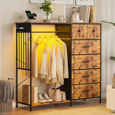 49.2" w Dresser with Hanging Rack & LED Lights, 6-Drawer Closet Organizer with Charging Station