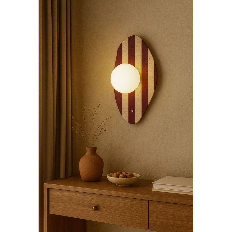 Elegant Wall Lamp with Travertine Body, Beige & White/Red Finish, 16.5 x 3.9 inches | Glass Cap Ø3.9 inches, Total Height 16.5 inches | On/Off Button on Cable, Max 10W Socket (Bulb Not Included), IP20 Rated
