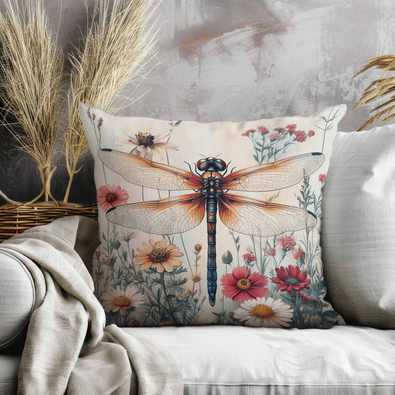 Oreiller en libellule Wildflower, Vert/rouge, H 20 po x l 20 po